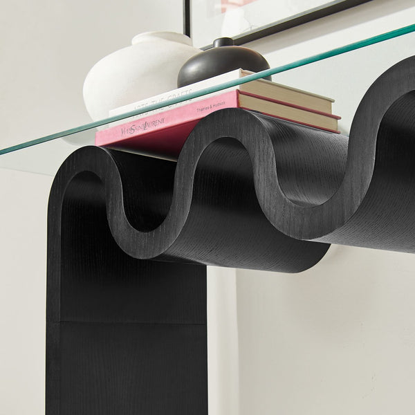Modway Furniture Ondine Glass Top Console Table - Retro-Modern Design with Wave-Shaped Base for Stylish Interiors Black EEI-6901-BLK