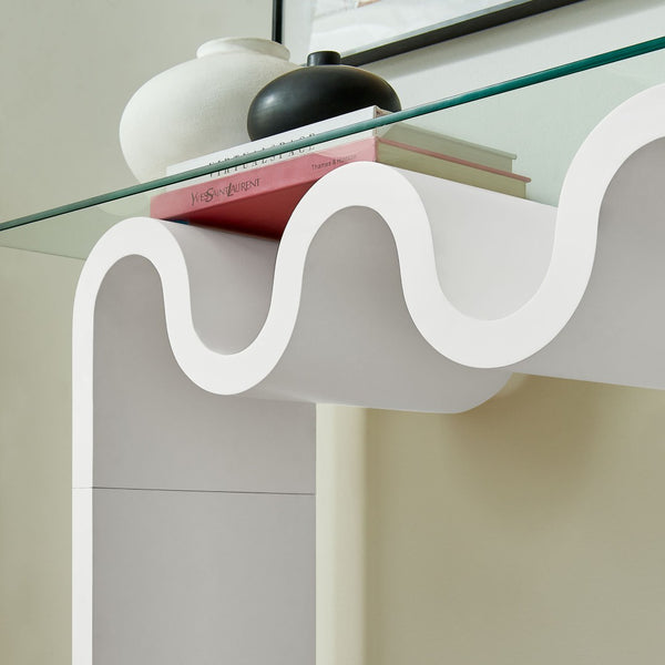 Modway Furniture Ondine Glass Top Console Table - Retro-Modern Design with Wave-Shaped Base for Stylish Interiors White EEI-6901-WHI