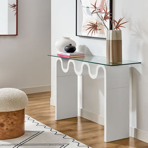 Modway Furniture Ondine Glass Top Console Table - Retro-Modern Design with Wave-Shaped Base for Stylish Interiors White EEI-6901-WHI