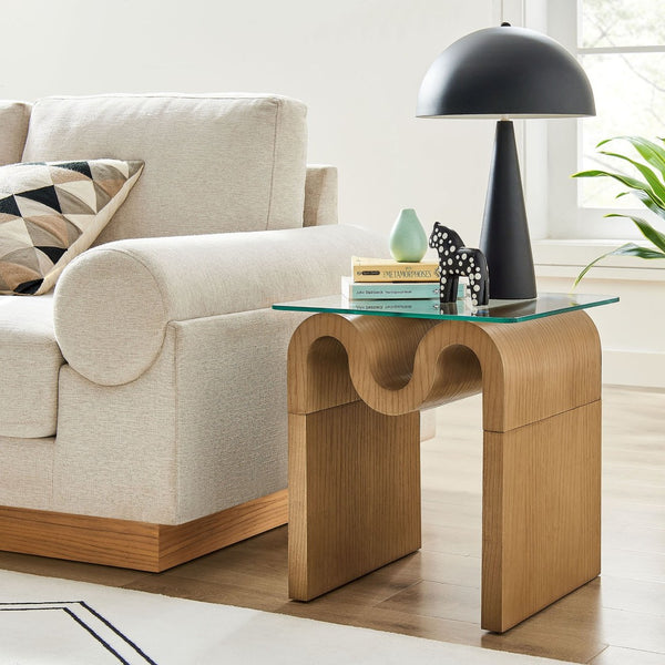 Modway Furniture Ondine Glass Top Side Table – Retro Wave Design with Sturdy Base for Stylish Home Decor & Versatility Natural EEI-6902-NAT