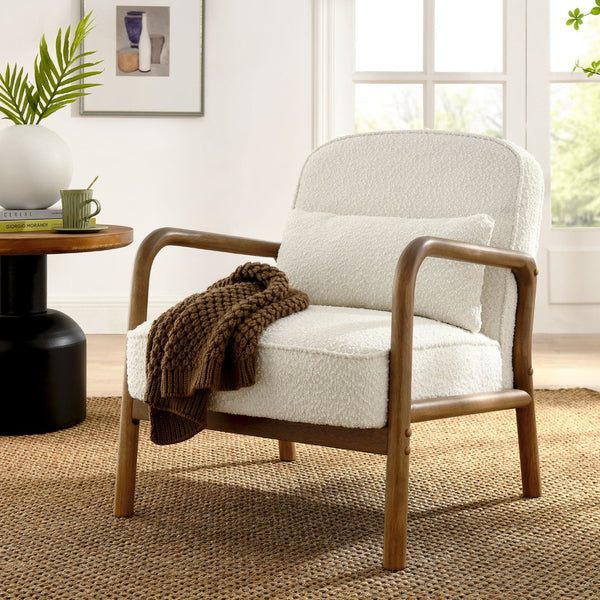 Modway Furniture Charlie Boucle Upholstered Armchair - Mid-Century Modern Accent Chair with Soft Fabric & Wood Arms EEI-6909-IVO