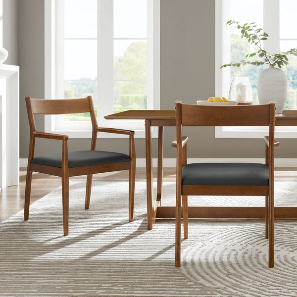 Modway Furniture Solara Vegan Leather Dining Armchairs Set of 2 - Mid-Century Modern Comfort in Walnut Finish EEI-6915-WAL-BLK