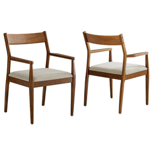 Modway Furniture Solara Fabric Wood Dining Armchairs Set of 2 - Stylish Mid-Century Comfort for Modern Spaces Walnut Heathered Weave Beige EEI-6916-WAL-HEB