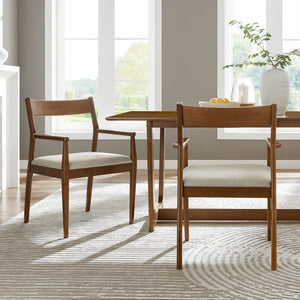 Modway Furniture Solara Fabric Wood Dining Armchairs Set of 2 - Stylish Mid-Century Comfort for Modern Spaces Walnut Heathered Weave Beige EEI-6916-WAL-HEB