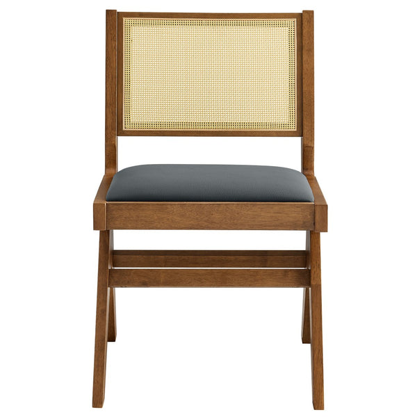 Modway Furniture Thera Mid-Century Modern Vegan Leather and Cane Dining Chairs Set of 2 for Stylish Interiors Walnut Black EEI-6920-WAL-BLK