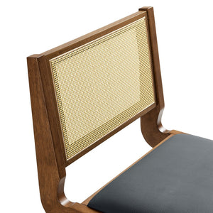 Modway Furniture Thera Mid-Century Modern Vegan Leather and Cane Dining Chairs Set of 2 for Stylish Interiors Walnut Black EEI-6920-WAL-BLK