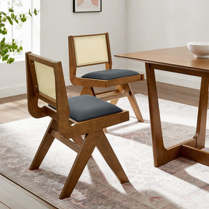 Modway Furniture Thera Mid-Century Modern Vegan Leather and Cane Dining Chairs Set of 2 for Stylish Interiors Walnut Black EEI-6920-WAL-BLK