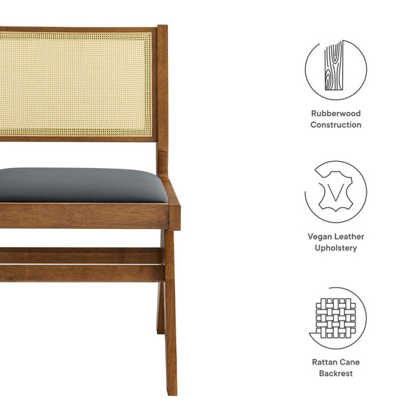 Modway Furniture Thera Mid-Century Modern Vegan Leather and Cane Dining Chairs Set of 2 for Stylish Interiors Walnut Black EEI-6920-WAL-BLK