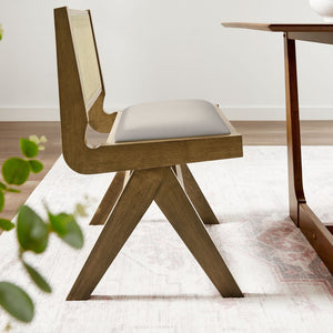 Modway Furniture Thera Mid-Century Modern Vegan Leather and Cane Dining Chairs Set of 2 for Stylish Interiors Weathered Oak Stone EEI-6920-WEO-STO