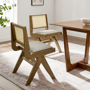 Modway Furniture Thera Mid-Century Modern Vegan Leather and Cane Dining Chairs Set of 2 for Stylish Interiors Weathered Oak Stone EEI-6920-WEO-STO