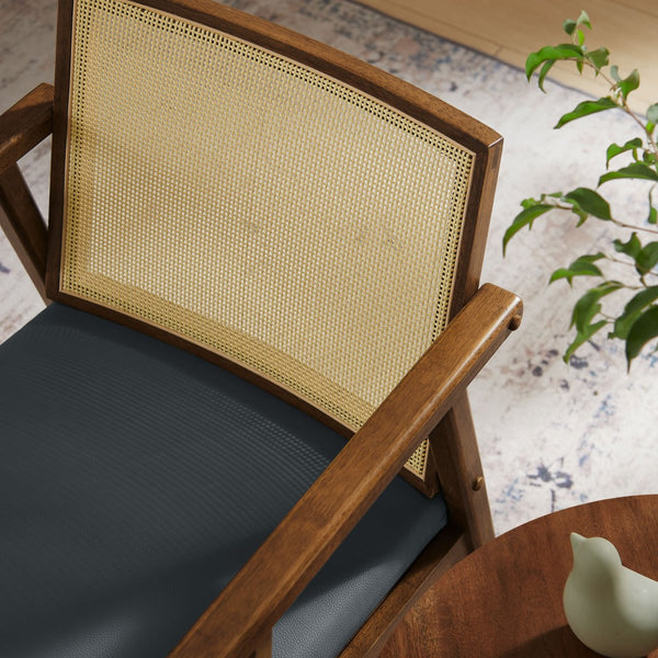 Modway Furniture Thera Mid-Century Vegan Leather & Cane Accent Armchairs Set of 2 for Stylish Home Decor Walnut Black EEI-6921-WAL-BLK