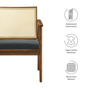 Modway Furniture Thera Mid-Century Vegan Leather & Cane Accent Armchairs Set of 2 for Stylish Home Decor Walnut Black EEI-6921-WAL-BLK