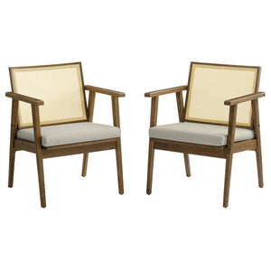 Modway Furniture Thera Mid-Century Vegan Leather & Cane Accent Armchairs Set of 2 for Stylish Home Decor Weathered Oak Stone EEI-6921-WEO-STO