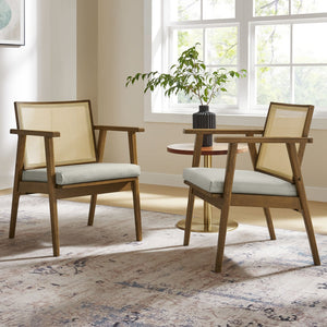 Modway Furniture Thera Mid-Century Vegan Leather & Cane Accent Armchairs Set of 2 for Stylish Home Decor Weathered Oak Stone EEI-6921-WEO-STO