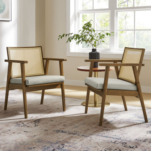 Modway Furniture Thera Mid-Century Vegan Leather & Cane Accent Armchairs Set of 2 for Stylish Home Decor Weathered Oak Stone EEI-6921-WEO-STO