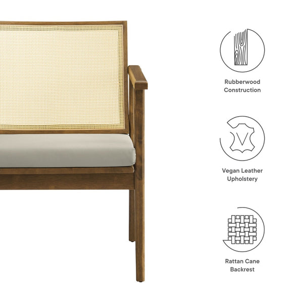 Modway Furniture Thera Mid-Century Vegan Leather & Cane Accent Armchairs Set of 2 for Stylish Home Decor Weathered Oak Stone EEI-6921-WEO-STO