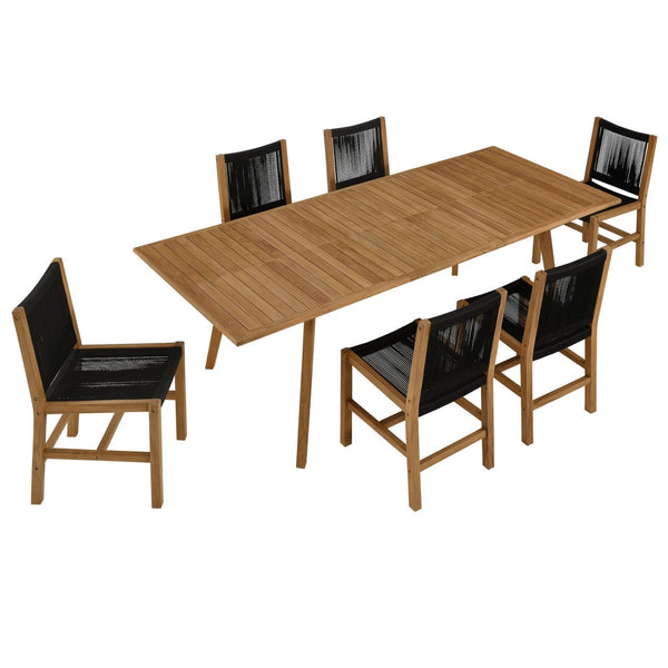 Modway Furniture Vienna 7-Piece Outdoor Teak and Rope Dining Set for Elegant Gatherings on Patios and Decks Natural Black EEI-6927-NAT-BLK