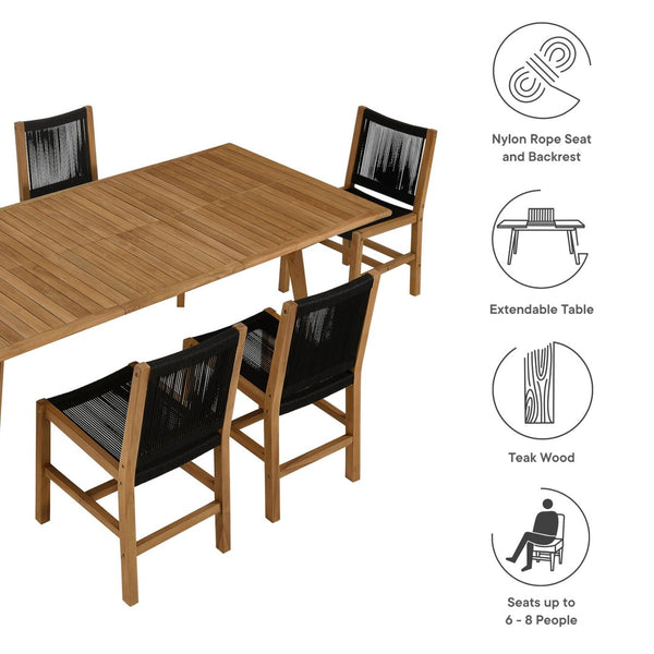 Modway Furniture Vienna 7-Piece Outdoor Teak and Rope Dining Set for Elegant Gatherings on Patios and Decks Natural Black EEI-6927-NAT-BLK