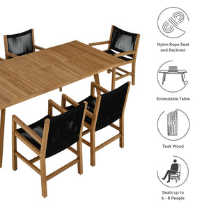 Modway Furniture Vienna 7-Piece Outdoor Teak and Rope Dining Set for Stylish Gatherings and Comfortable Meals Natural Black EEI-6929-NAT-BLK