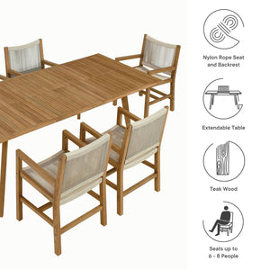 Modway Furniture Vienna 7-Piece Outdoor Teak and Rope Dining Set for Stylish Gatherings and Comfortable Meals Natural Natural EEI-6929-NAT-NAT