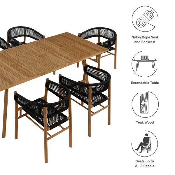 Modway Furniture Vienna 7-Piece Outdoor Teak Dining Set with Curved Armchairs – Stylish, Durable, and Weather-Resistant Natural Black EEI-6930-NAT-BLK