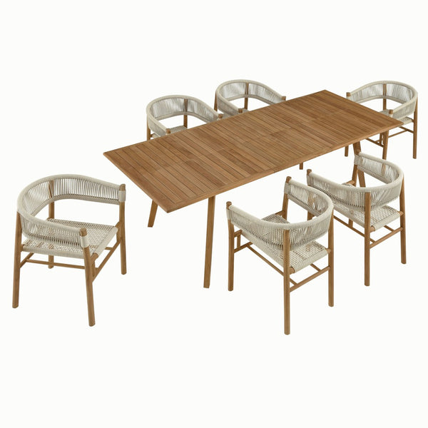 Modway Furniture Vienna 7-Piece Outdoor Teak Dining Set with Curved Armchairs – Stylish, Durable, and Weather-Resistant Natural Natural EEI-6930-NAT-NAT