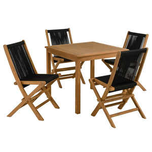 Modway Furniture Vienna 5-Piece Outdoor Teak Wood Dining Set with Folding Rope Chairs for Stylish Gatherings Natural Black EEI-6932-NAT-BLK