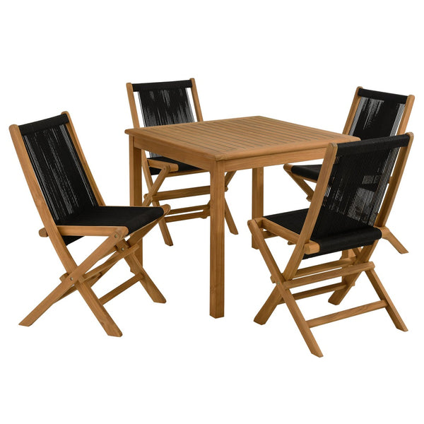 Modway Furniture Vienna 5-Piece Outdoor Teak Wood Dining Set with Folding Rope Chairs for Stylish Gatherings Natural Black EEI-6932-NAT-BLK