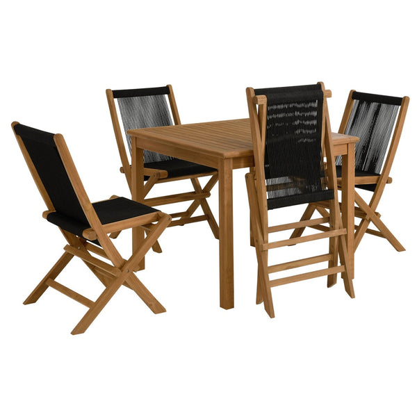 Modway Furniture Vienna 5-Piece Outdoor Teak Wood Dining Set with Folding Rope Chairs for Stylish Gatherings Natural Black EEI-6932-NAT-BLK