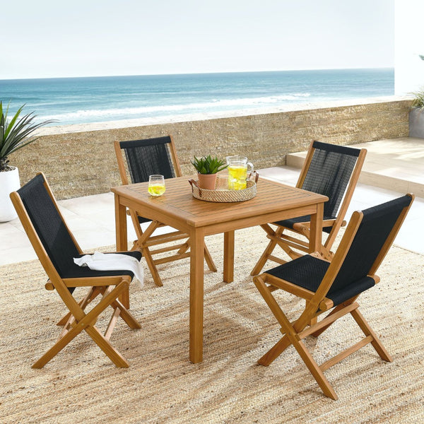 Modway Furniture Vienna 5-Piece Outdoor Teak Wood Dining Set with Folding Rope Chairs for Stylish Gatherings Natural Black EEI-6932-NAT-BLK