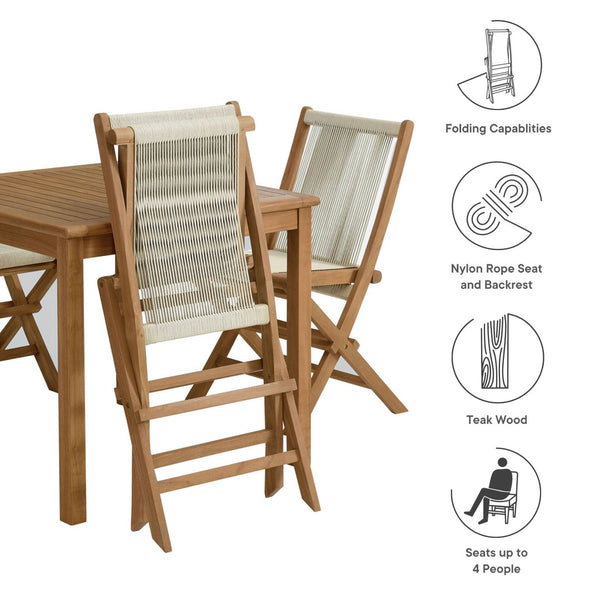 Modway Furniture Vienna 5-Piece Outdoor Teak Wood Dining Set with Folding Rope Chairs for Stylish Gatherings Natural Natural EEI-6932-NAT-NAT