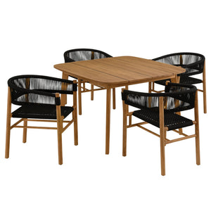 Modway Furniture Vienna 5-Piece Outdoor Teak and Rope Dining Set with Ergonomic Armchairs for Stylish Entertaining Natural Black EEI-6933-NAT-BLK
