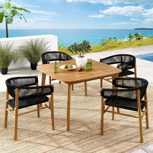 Modway Furniture Vienna 5-Piece Outdoor Teak and Rope Dining Set with Ergonomic Armchairs for Stylish Entertaining Natural Black EEI-6933-NAT-BLK