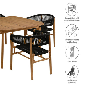Modway Furniture Vienna 5-Piece Outdoor Teak and Rope Dining Set with Ergonomic Armchairs for Stylish Entertaining Natural Black EEI-6933-NAT-BLK