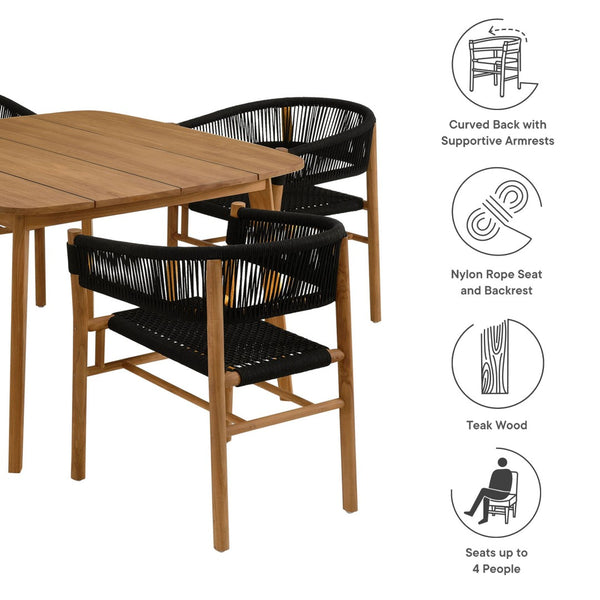 Modway Furniture Vienna 5-Piece Outdoor Teak and Rope Dining Set with Ergonomic Armchairs for Stylish Entertaining Natural Black EEI-6933-NAT-BLK