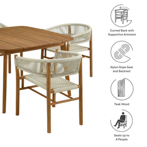 Modway Furniture Vienna 5-Piece Outdoor Teak and Rope Dining Set with Ergonomic Armchairs for Stylish Entertaining Natural Natural EEI-6933-NAT-NAT