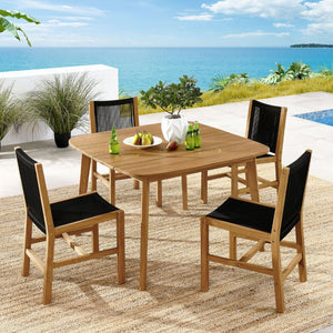 Modway Furniture Vienna 5-Piece Outdoor Teak and Rope Dining Set with Comfortable Armless Chairs for Stylish Patios Natural Black EEI-6934-NAT-BLK