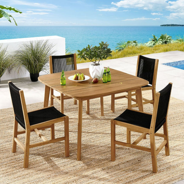Modway Furniture Vienna 5-Piece Outdoor Teak and Rope Dining Set with Comfortable Armless Chairs for Stylish Patios Natural Black EEI-6934-NAT-BLK