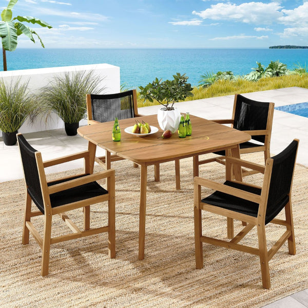 Modway Furniture Vienna 5-Piece Outdoor Teak and Rope Dining Set – Stylish, Durable, and Perfect for Any Patio Space Natural Black EEI-6935-NAT-BLK