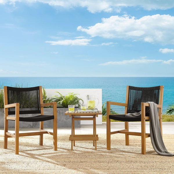 Modway Furniture Vienna 3-Piece Outdoor Patio Teak and Rope Armchairs with Versatile Folding Side Table for Comfort Natural Black EEI-6936-NAT-BLK