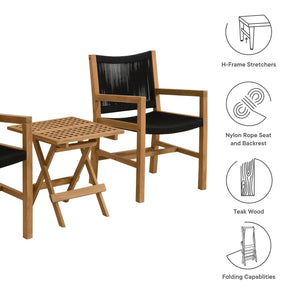 Modway Furniture Vienna 3-Piece Outdoor Patio Teak and Rope Armchairs with Versatile Folding Side Table for Comfort Natural Black EEI-6936-NAT-BLK