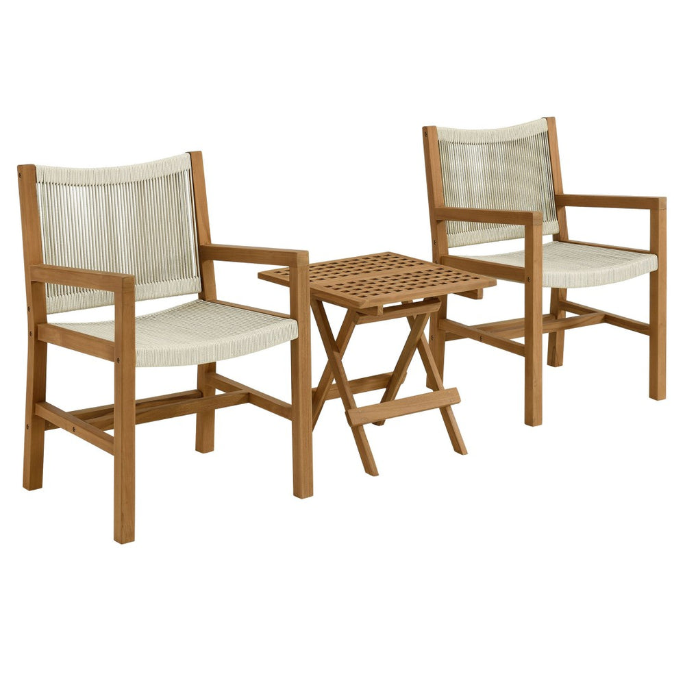 Modway Furniture Vienna 3-Piece Outdoor Patio Teak and Rope Armchairs with Versatile Folding Side Table for Comfort Natural Natural EEI-6936-NAT-NAT