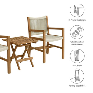 Modway Furniture Vienna 3-Piece Outdoor Patio Teak and Rope Armchairs with Versatile Folding Side Table for Comfort Natural Natural EEI-6936-NAT-NAT