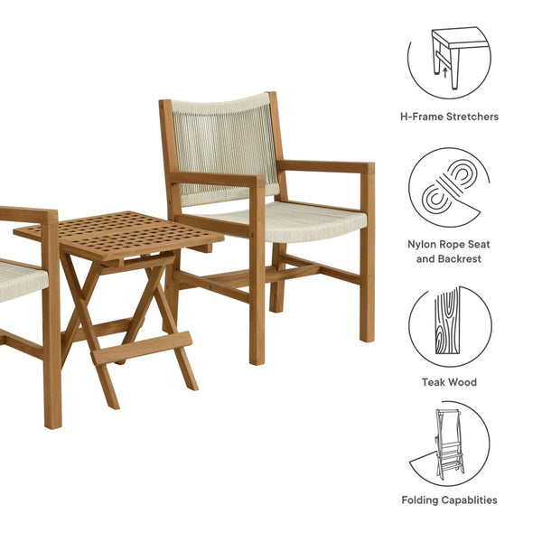 Modway Furniture Vienna 3-Piece Outdoor Patio Teak and Rope Armchairs with Versatile Folding Side Table for Comfort Natural Natural EEI-6936-NAT-NAT