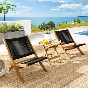 Modway Furniture Vienna 3-Piece Modern Patio Set with Teak Folding Lounge Chairs & Stylish Side Table for Outdoor Comfort Natural Black EEI-6937-NAT-BLK