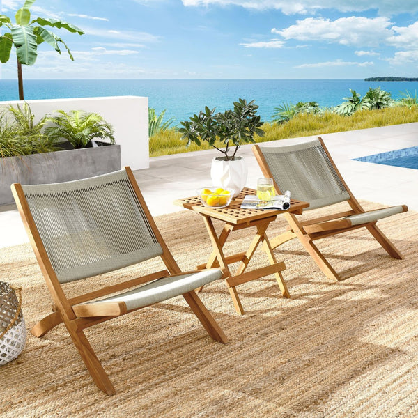 Modway Furniture Vienna 3-Piece Modern Patio Set with Teak Folding Lounge Chairs & Stylish Side Table for Outdoor Comfort Natural Natural EEI-6937-NAT-NAT