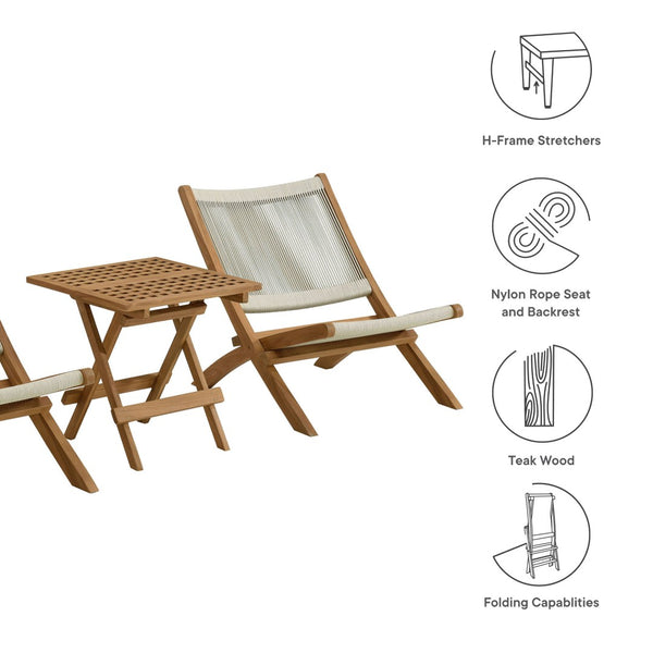 Modway Furniture Vienna 3-Piece Modern Patio Set with Teak Folding Lounge Chairs & Stylish Side Table for Outdoor Comfort Natural Natural EEI-6937-NAT-NAT