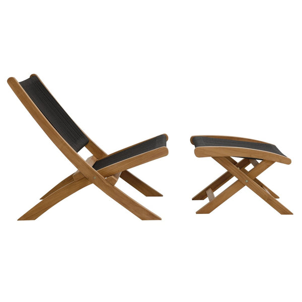 Modway Furniture Vienna Outdoor Folding Lounge Chair and Ottoman Set – Stylish Teak and Rope for Patio Relaxation Natural Black EEI-6938-NAT-BLK