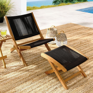 Modway Furniture Vienna Outdoor Folding Lounge Chair and Ottoman Set – Stylish Teak and Rope for Patio Relaxation Natural Black EEI-6938-NAT-BLK