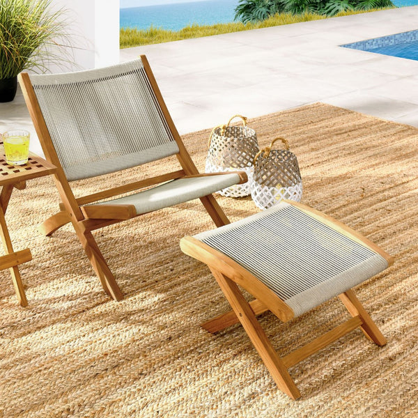 Modway Furniture Vienna Outdoor Folding Lounge Chair and Ottoman Set – Stylish Teak and Rope for Patio Relaxation Natural Natural EEI-6938-NAT-NAT